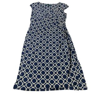 Lauren Ralph Lauren Navy Yellow White Chain Link Shirred Stretch Sheath Dress 10